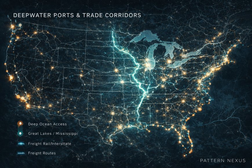 U.S. geography template map with inland waterways and industrial corridors.