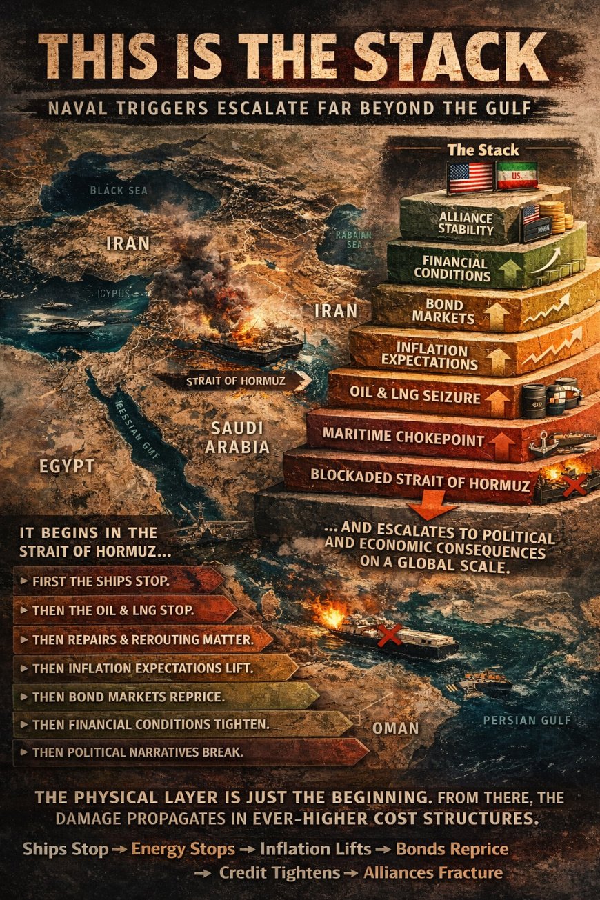 Graphic showing the Hormuz cost stack from physical disruption to energy, rates, credit, alliances, and domestic politics.