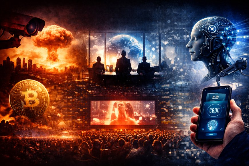 Dark layered control-map style hero image showing war, media, money rails, identity systems, and machine interfaces converging into one architecture