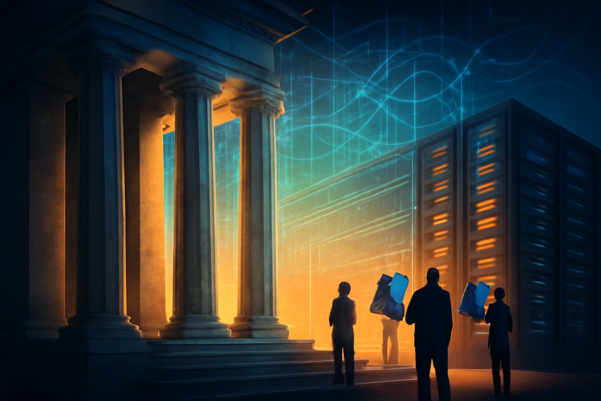 Editorial illustration of Washington government architecture blending into an AI data center, with citizen silhouettes holding symbolic share certificates.