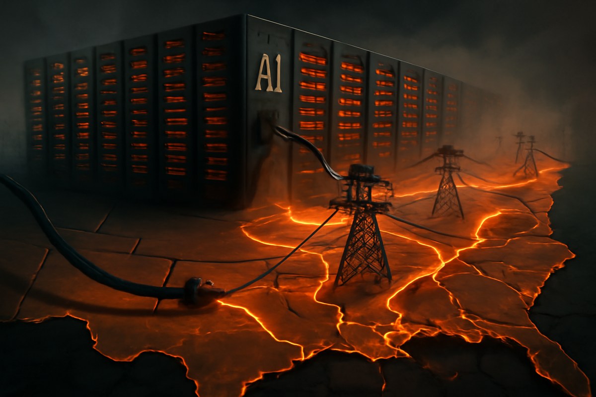 A large AI data center connected to a strained regional power grid, with transmission lines under pressure and state borders subtly cracking to suggest market fragmentation.