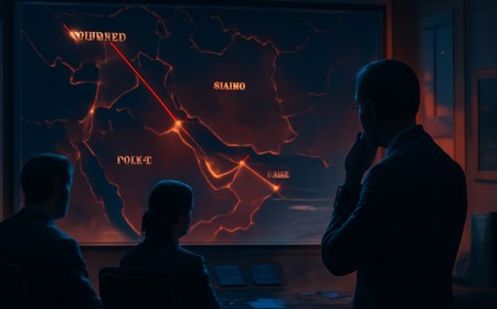 An editorial illustration of a tense diplomatic control room overlooking a dark Middle East map, with glowing links between Switzerland, Lebanon, Hormuz, Washington and Tehran.