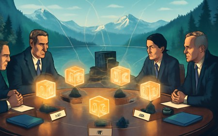 Editorial illustration of leaders around a summit table with glowing AI model cores above national nameplates, alpine lake backdrop and subtle network lines linking chips, data centers and diplomatic folders.
