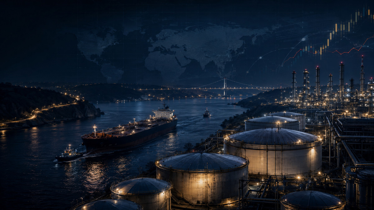 Global oil storage tanks, refinery infrastructure and an oil tanker moving through a strategic maritime chokepoint