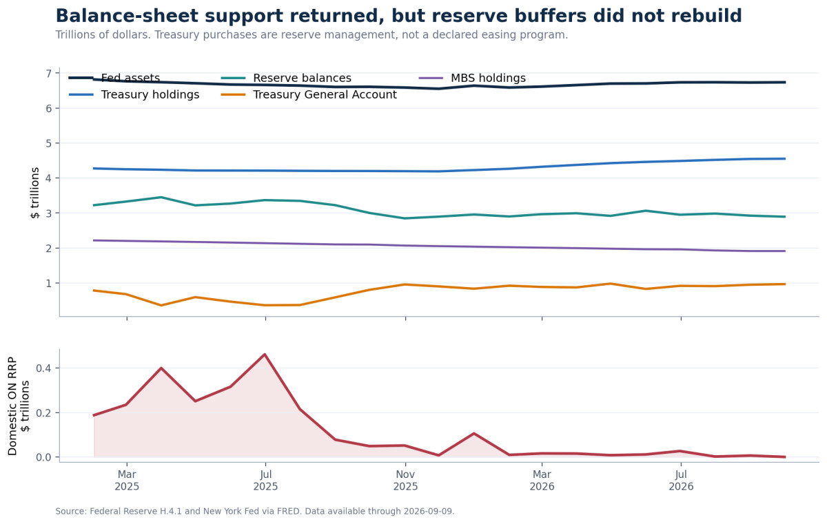Chart of Federal Reserve assets, Treasury holdings, reserve balances, Treasury General Account, and overnight reverse repo usage.