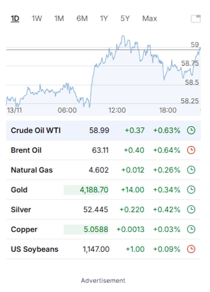 Crude oil, gold, silver, and other commodity moves for November 13, 2025