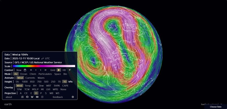 10 hPa polar vortex winds over the Arctic on December 11, 2025