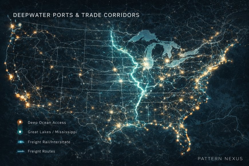 U.S. geography template map with inland waterways and industrial corridors.