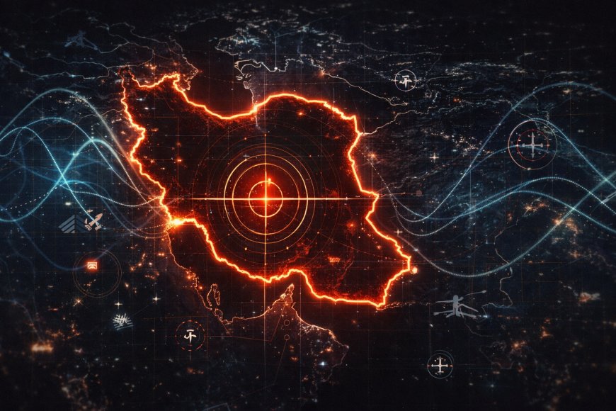A dark, high-contrast Iran map with layered ISR grid lines and signal-wave overlays, implying kinetic and information warfare preparation