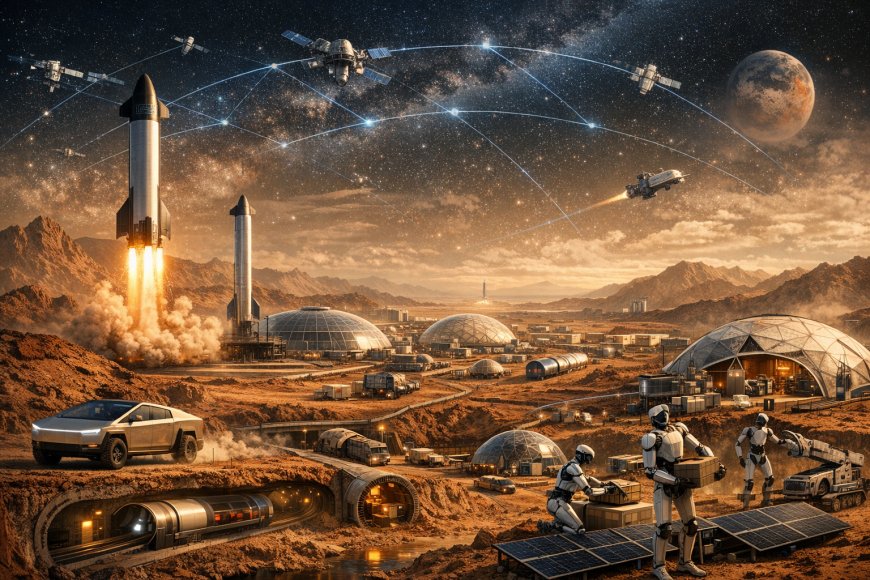 Concept art of a Mars city with rockets, tunnels, robots, satellites, and data links forming a single integrated system