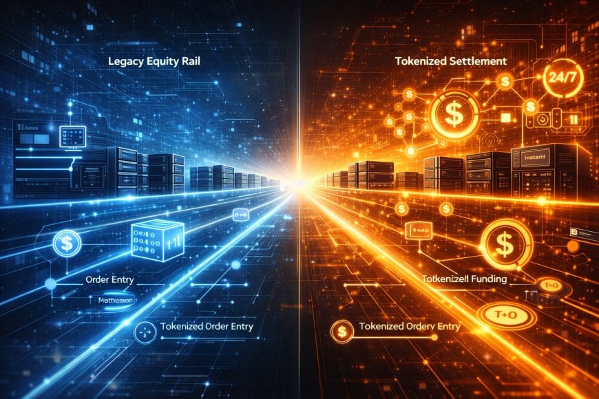 [IMAGE_1_ALT: Diagram of legacy equity rail vs tokenized rail, showing order entry, matching, clearing, settlement, collateral]