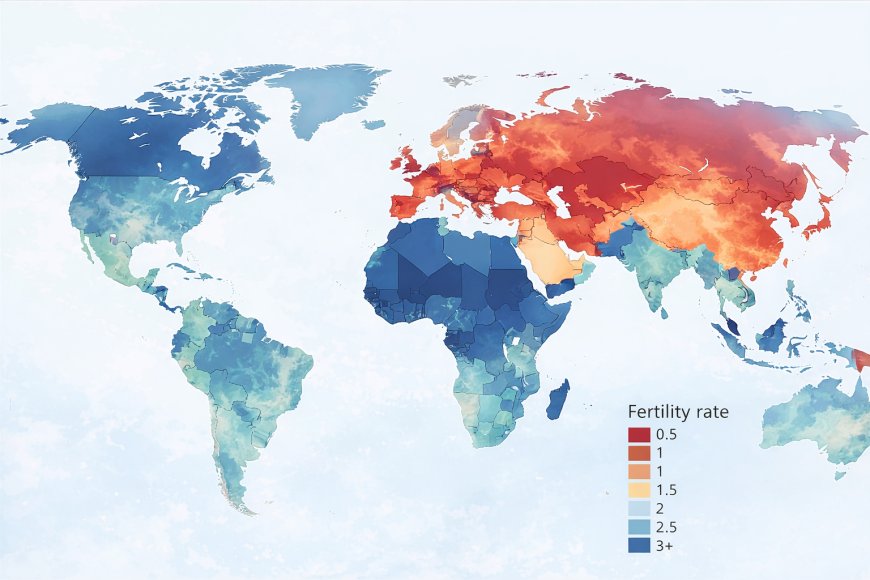 World map heatmap showing regions with sub-replacement fertility, highlighting East Asia, Europe, and North America in the 2020s.