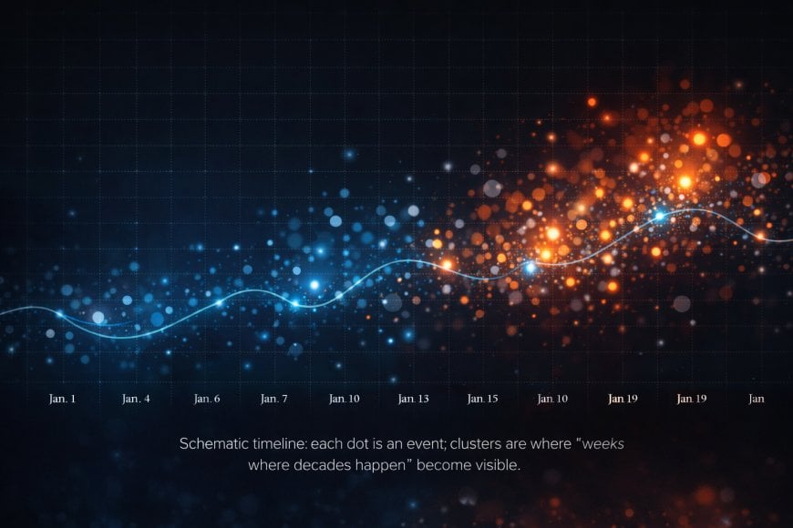 Timeline visualization of major global events from January 1 to 19, 2026