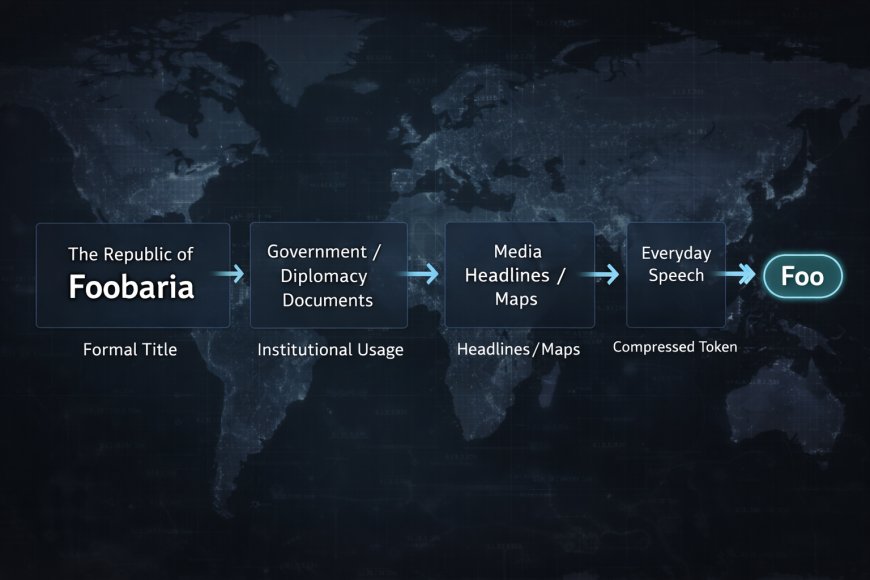 Diagram: how a country's formal name collapses into a global common name via media, trade, diplomacy, and maps
