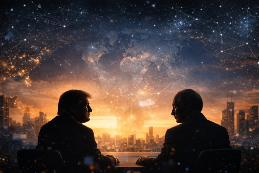 Abstract world map at night with glowing network nodes and two faint silhouettes facing each other across a negotiation table