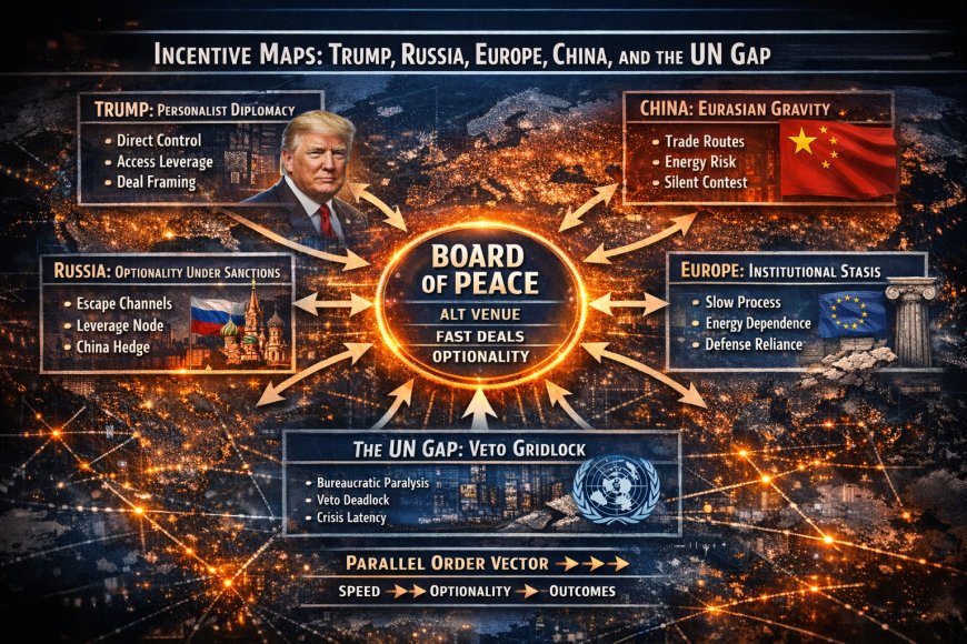 Diagram showing four circles labeled U.S., Russia, Europe, China around a central node labeled Board of Peace, with arrows representing converging incentives
