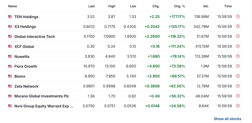 Top gainers snapshot showing TEN Holdings +177% and other gainers