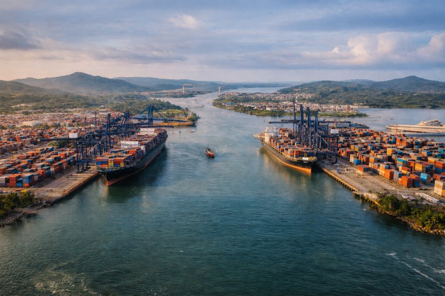 Aerial view of container terminals at both canal approaches, cranes, yards, and ships: Panama Canal gateway chokepoint