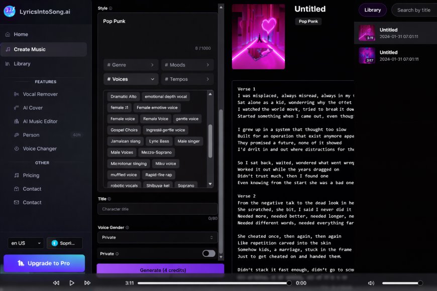LyricsIntoSong.ai interface used to generate music from structured lyrics