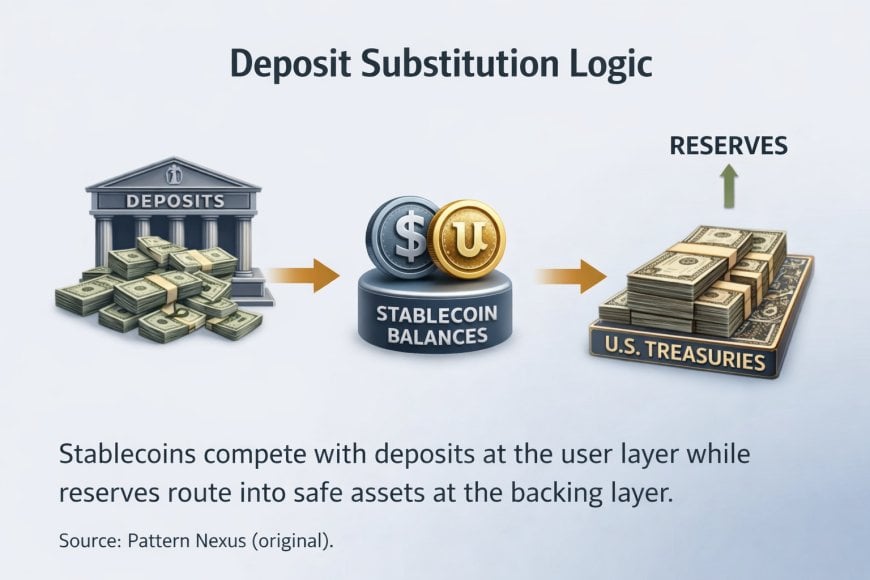 Diagram showing deposits competing with stablecoin balances and reserve assets routing into Treasuries