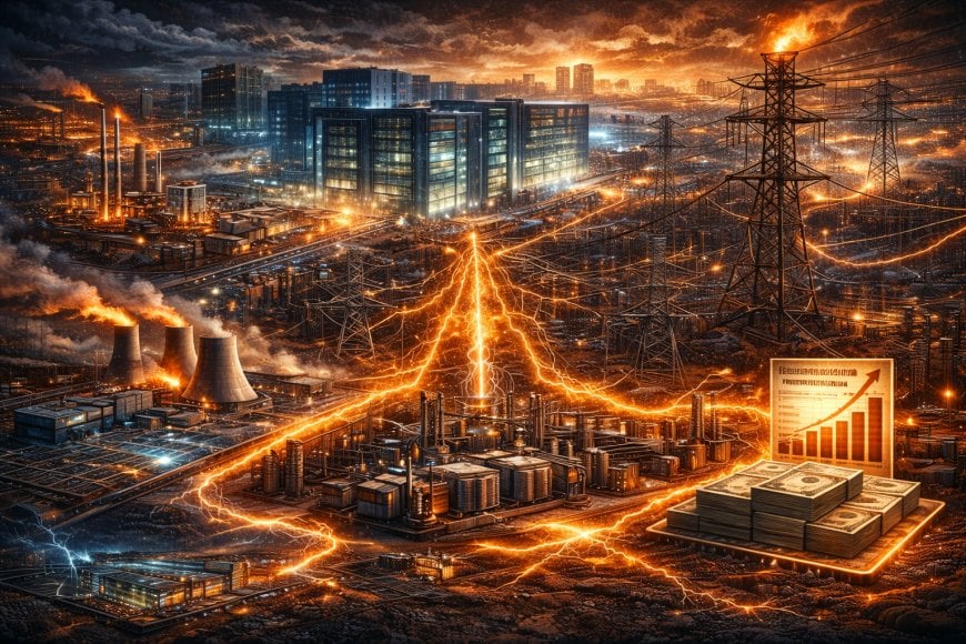 Nighttime aerial view of a massive data center campus beside power lines and substations