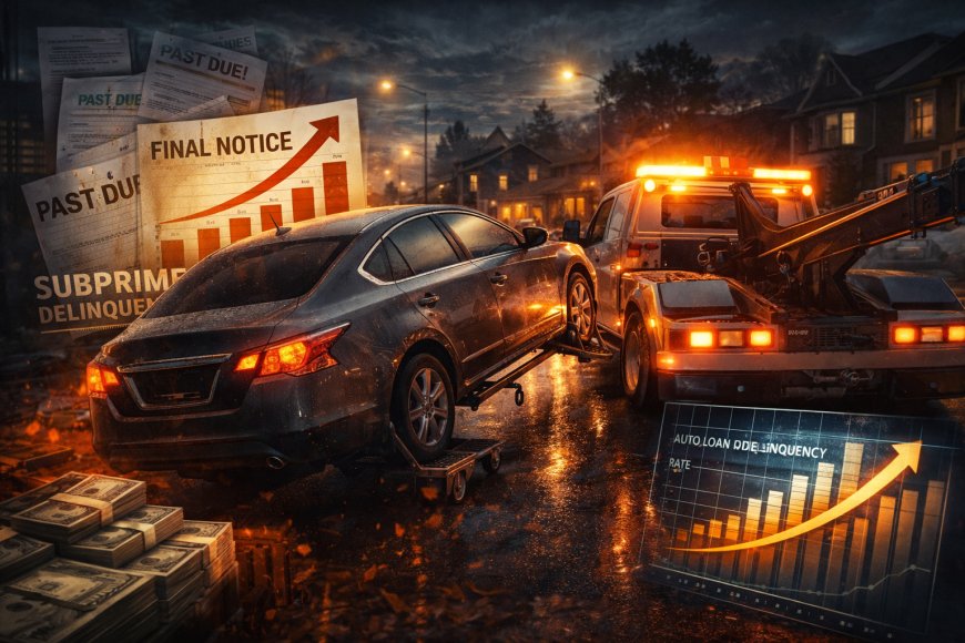 A night scene of a tow truck hauling a repossessed car under streetlights