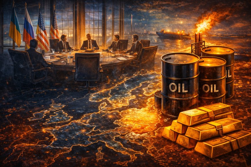 A diplomatic conference room overlayed with oil barrels and a map of Europe