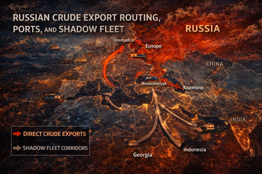 Map showing Russian crude export routes and key ports