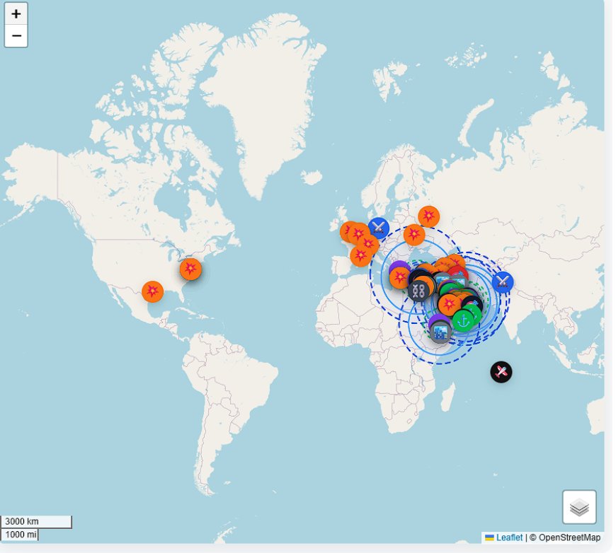 Middle East war timeline map graphic showing strikes, maritime risk rings, and regional escalation arcs