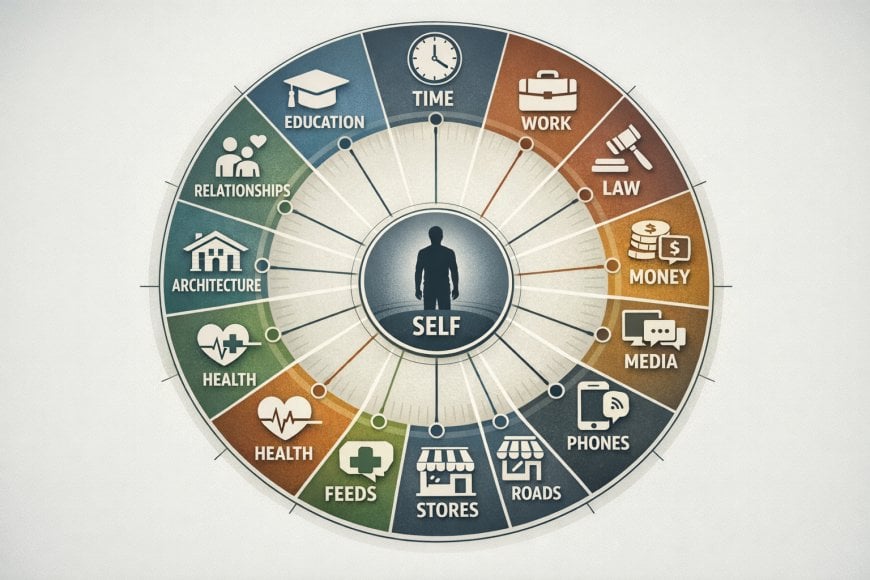 Radial diagram mapping daily control systems around the individual: time, work, law, money, media, phones, roads, stores, feeds, health, relationships, architecture, and education