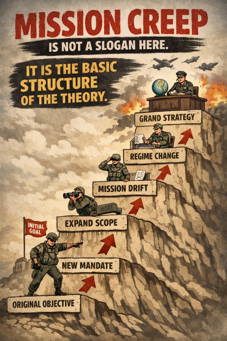 Graphic showing a mission-creep ladder from convoy security to a wider ground-backed campaign.