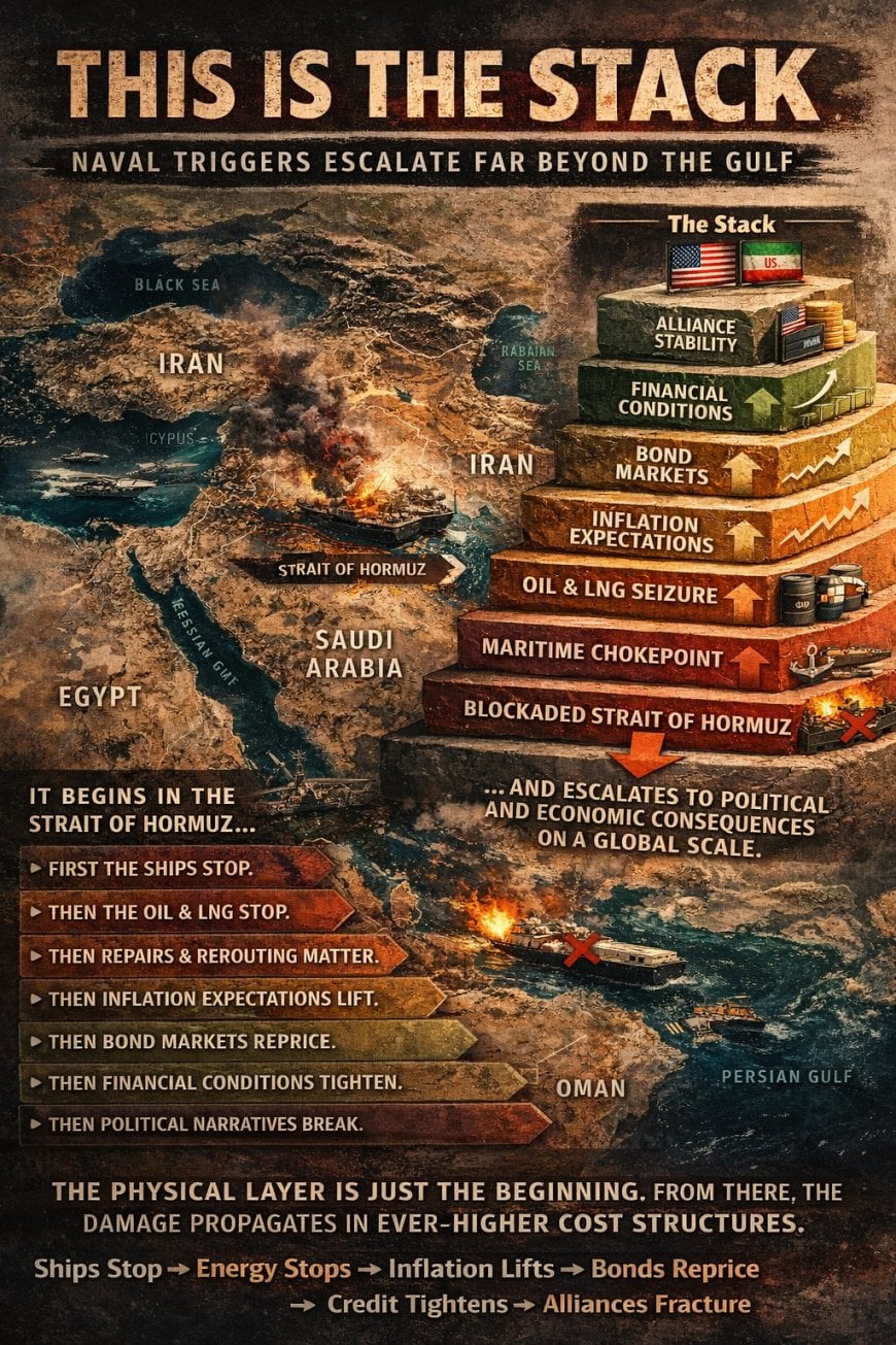 Graphic showing the Hormuz cost stack from physical disruption to energy, rates, credit, alliances, and domestic politics.