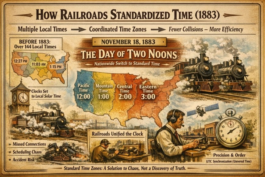 Illustrative map of railroad-driven time standardization across the United States
