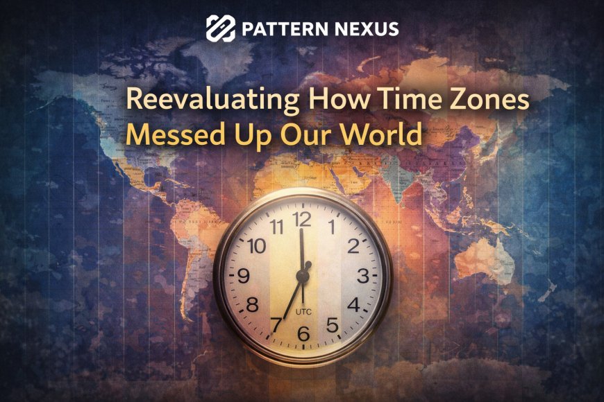 Clock face over a global map showing time zones as a human coordination layer