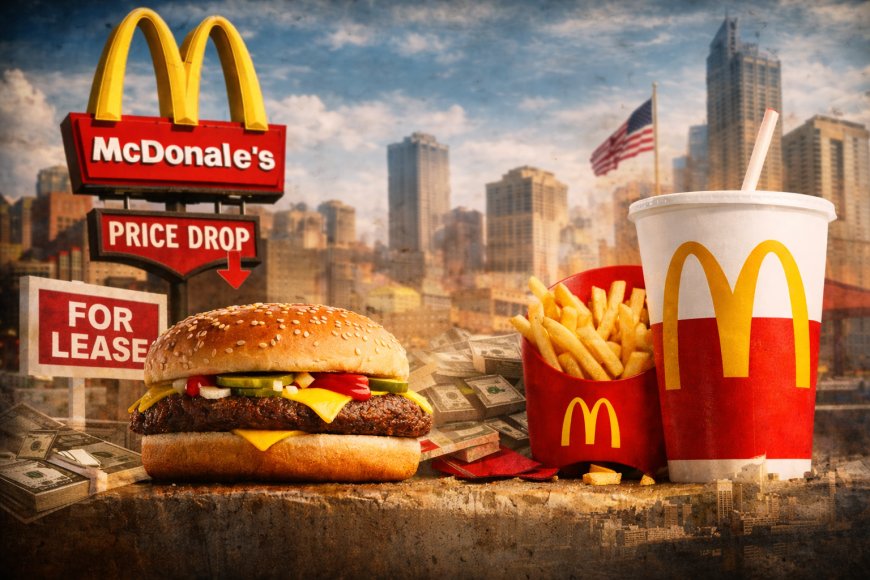 McDonald’s storefront and traffic imagery representing value menus, real estate control, and consumer stress