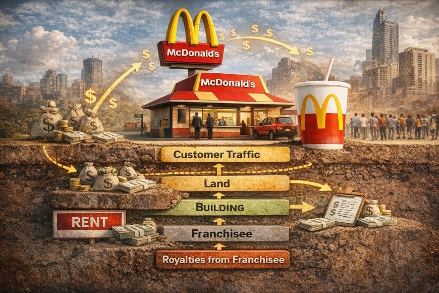 Illustration showing McDonald’s system: land, building, franchisee, rent, royalties, and customer traffic