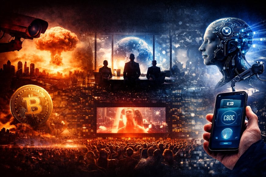 Dark layered control-map style hero image showing war, media, money rails, identity systems, and machine interfaces converging into one architecture