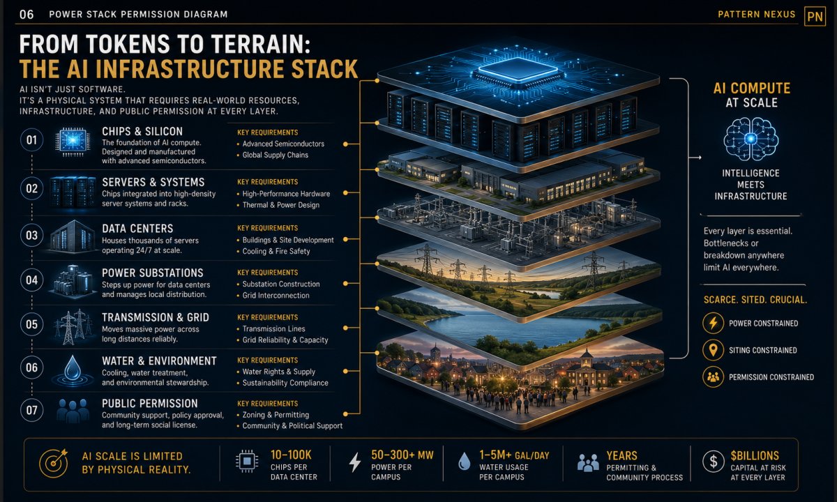 Pattern Nexus visual showing AI compute becoming physical infrastructure through chips, servers, data centers, substations, transmission, water, and public permission.