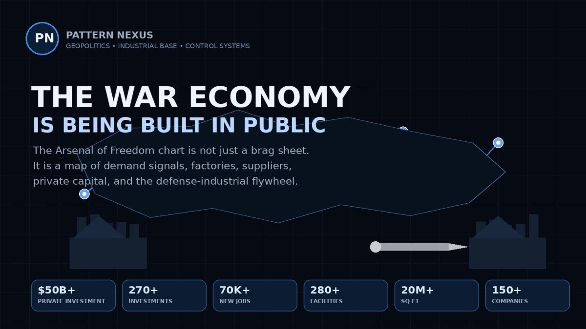 Arsenal of Freedom chart showing defense-industrial investment, new jobs, new facilities, companies, states, and cities tied to the U.S. war economy buildout