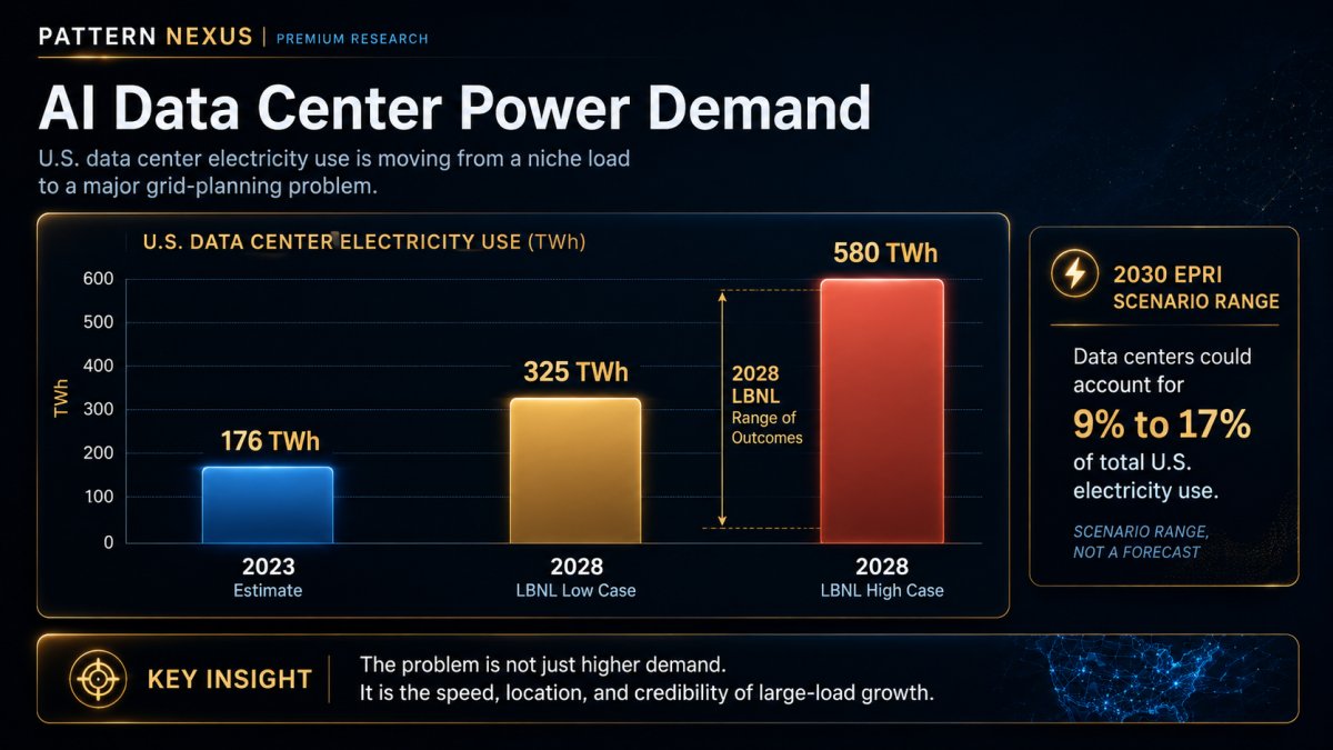 Data center electricity demand range chart showing 2023 estimate, 2028 low and high scenarios, and 2030 EPRI scenario share.