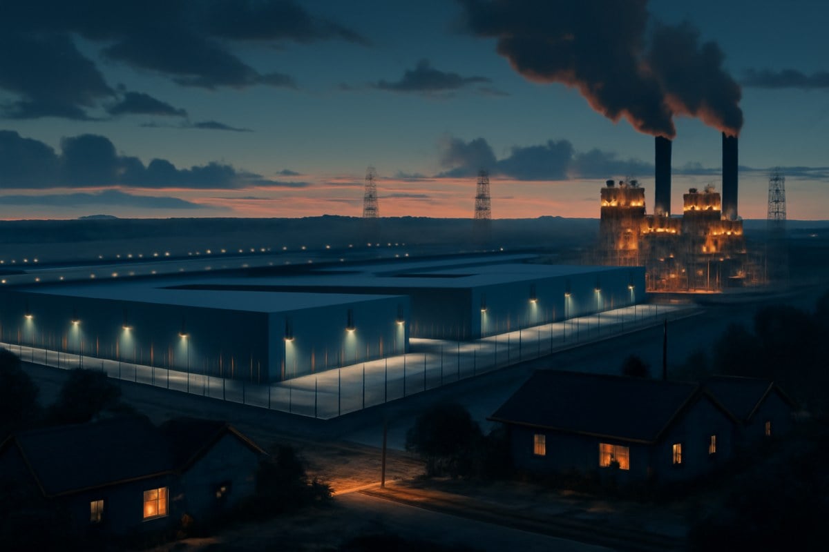 A large AI data center campus at dusk with server buildings and an onsite gas power plant behind the same fence, transmission towers in the distance and nearby homes in the foreground.