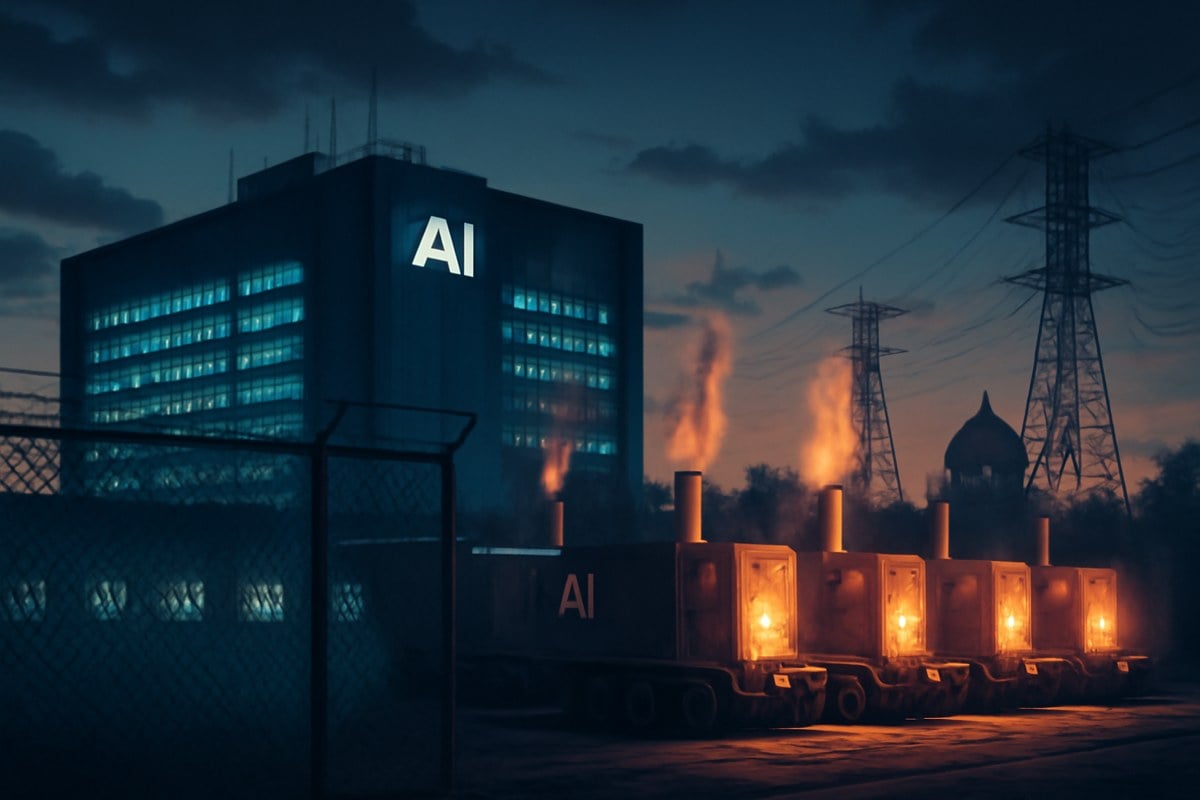 A large AI data center at dusk behind fencing, with mobile gas turbines, power lines and a distant federal courthouse silhouette, evoking a dispute over energy, law and national security.