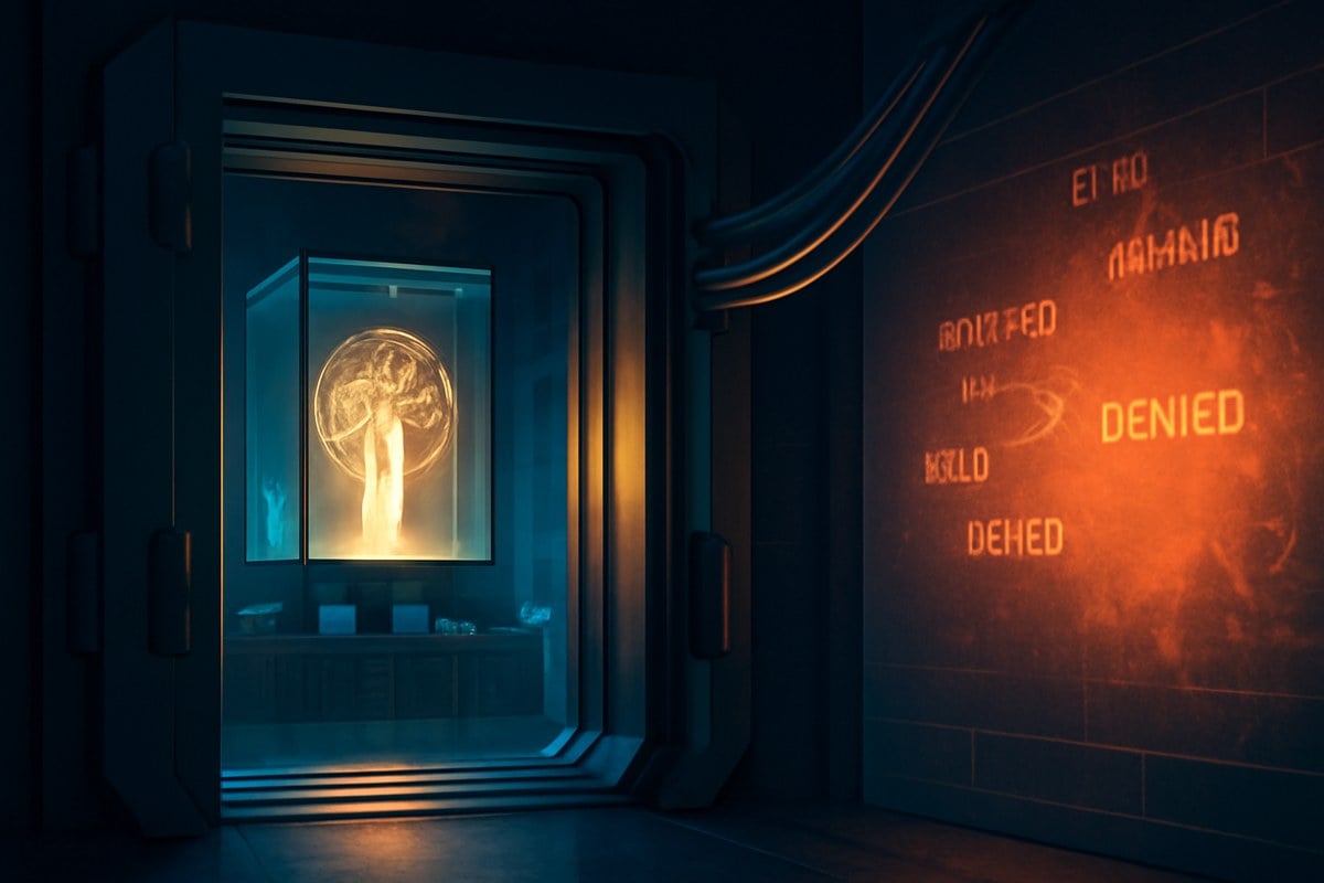 A glowing AI command center inside a secure data vault, with network cables sealed behind heavy blast doors and abstract malicious text fragments stopped by a firewall.