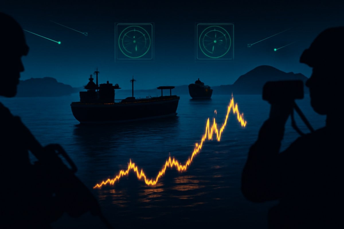 Nighttime editorial scene of dark tanker silhouettes in the Strait of Hormuz, radar glow, drone trails and distant military shadows over tense waters.
