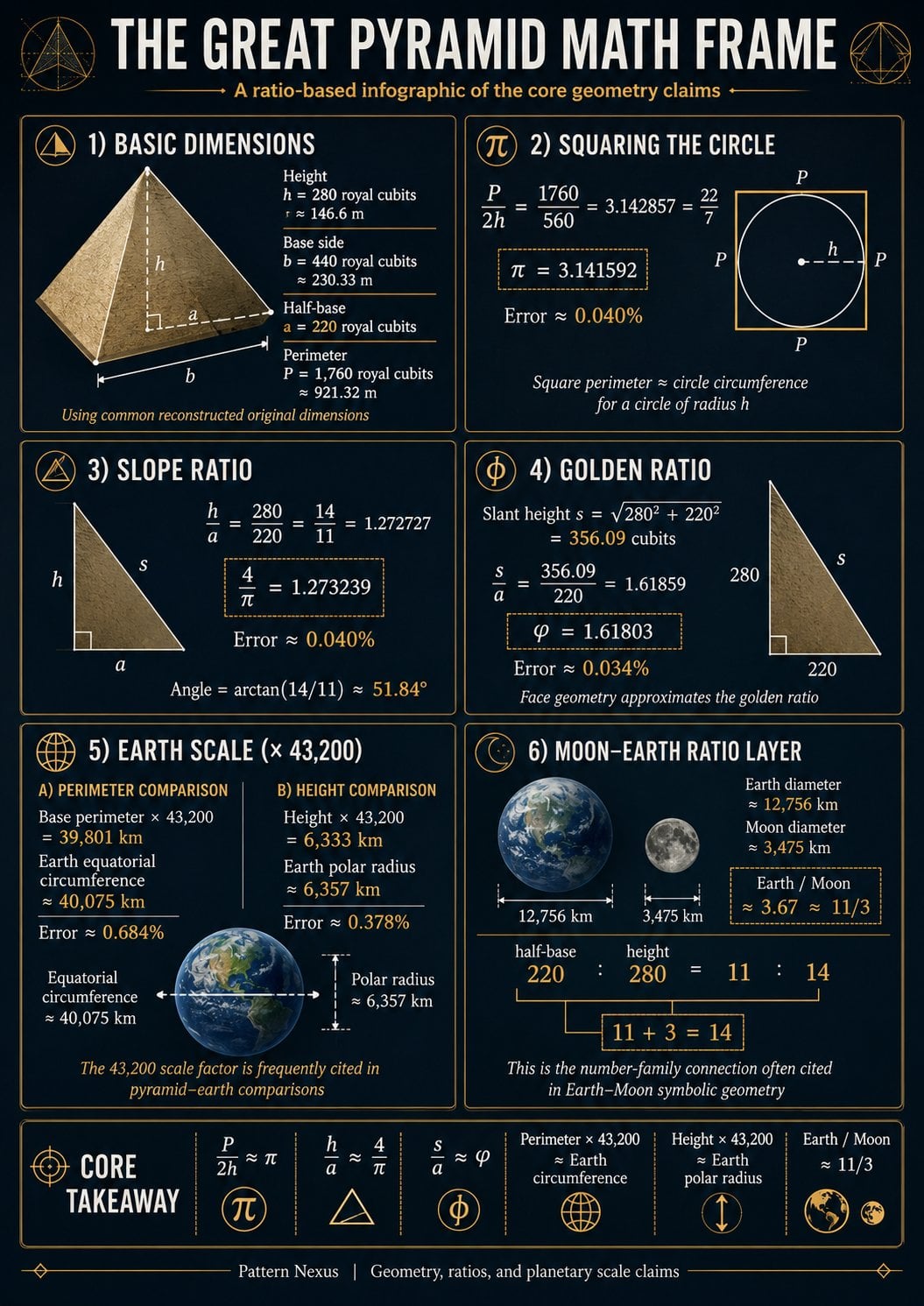 Pattern Nexus infographic showing the Great Pyramid math frame, including pi, 14:11 slope ratio, golden ratio, Earth scale, and Moon-Earth ratio claims
