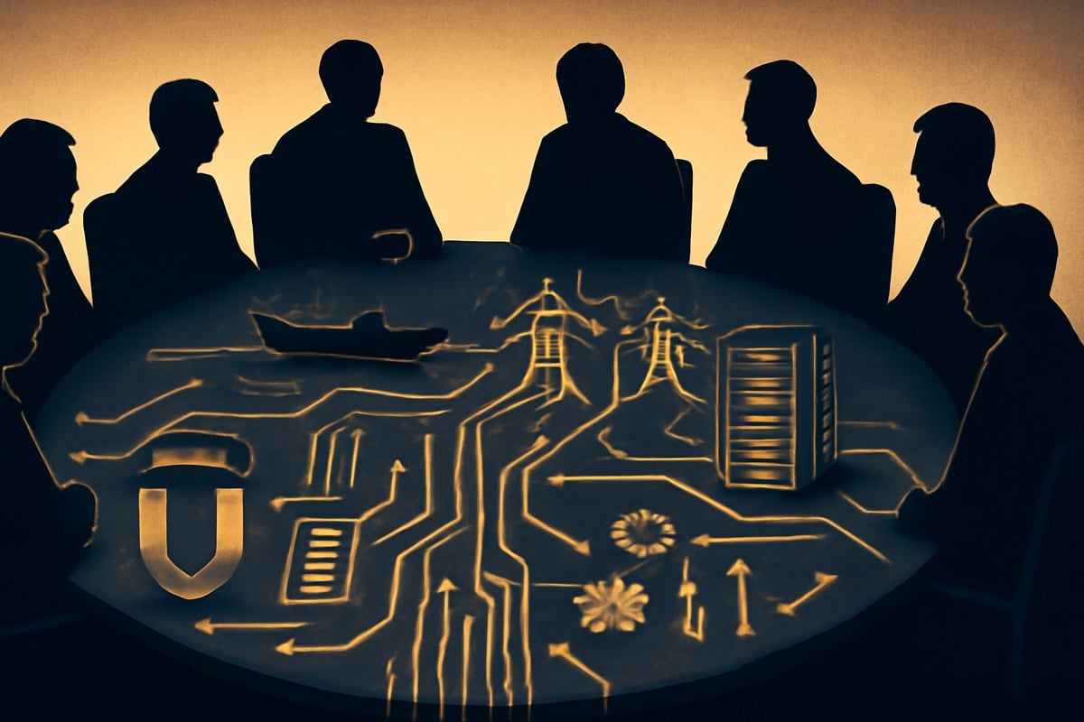 Editorial illustration of G7 leaders as silhouettes around a conference table shaped like a circuit board and mining map, with minerals, server racks, energy lines and defense components linked by glowing supply-chain routes.