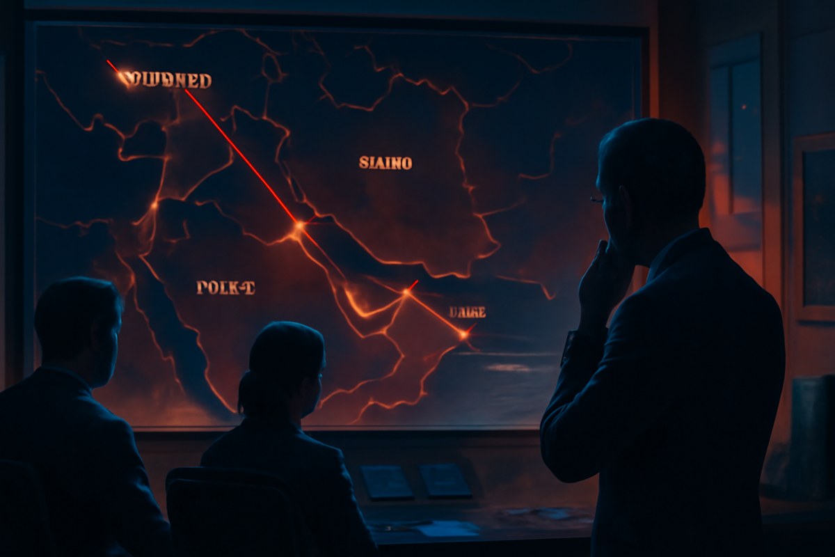 An editorial illustration of a tense diplomatic control room overlooking a dark Middle East map, with glowing links between Switzerland, Lebanon, Hormuz, Washington and Tehran.