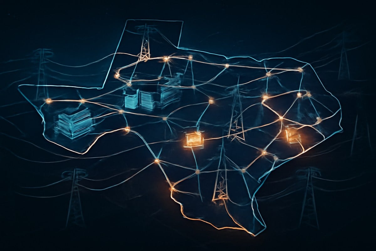 A Texas-shaped electric grid at night with glowing server farms, transmission lines, voltage-wave distortions, and amber warning highlights around substations.