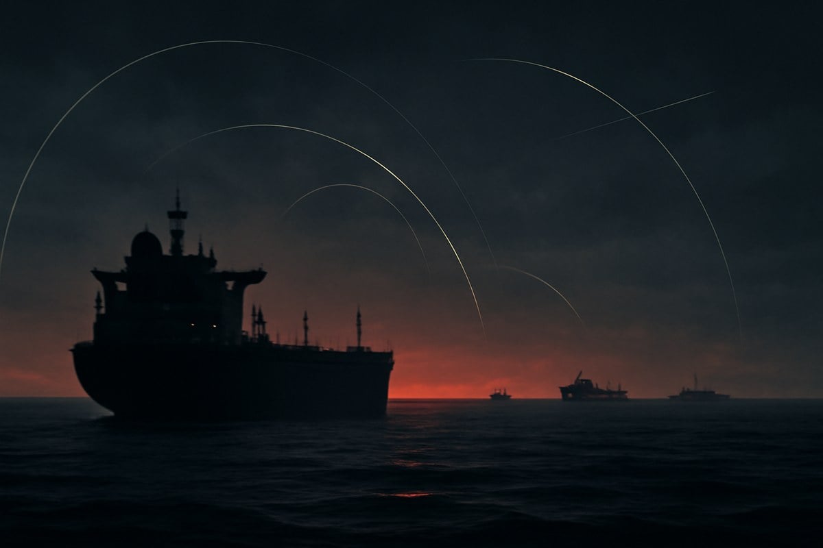 Commercial tankers and naval silhouettes in the Strait of Hormuz at dusk, with faint drone trails and radar-like warning arcs over dark water.