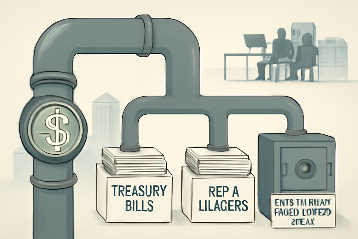 A digital dollar pipeline flows into Treasury bills, repo ledgers, and institutional money-market vaults, with abstract bank towers and asset-manager desks in the background.